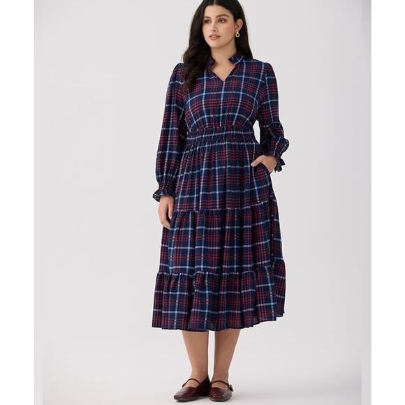 Womens Navy Plaid Cottage Preppy Prairie Classic Tiered Ruffle Midi Dress 1X - Picture 6 of 6